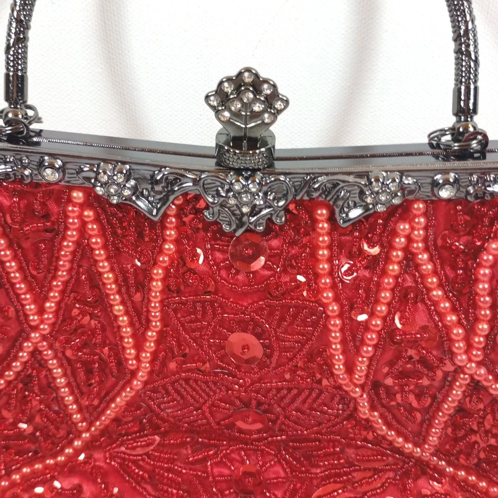 Red Beaded Sequin Evening Clutch Bag Gunmetal Hardware Floral Vintage Style